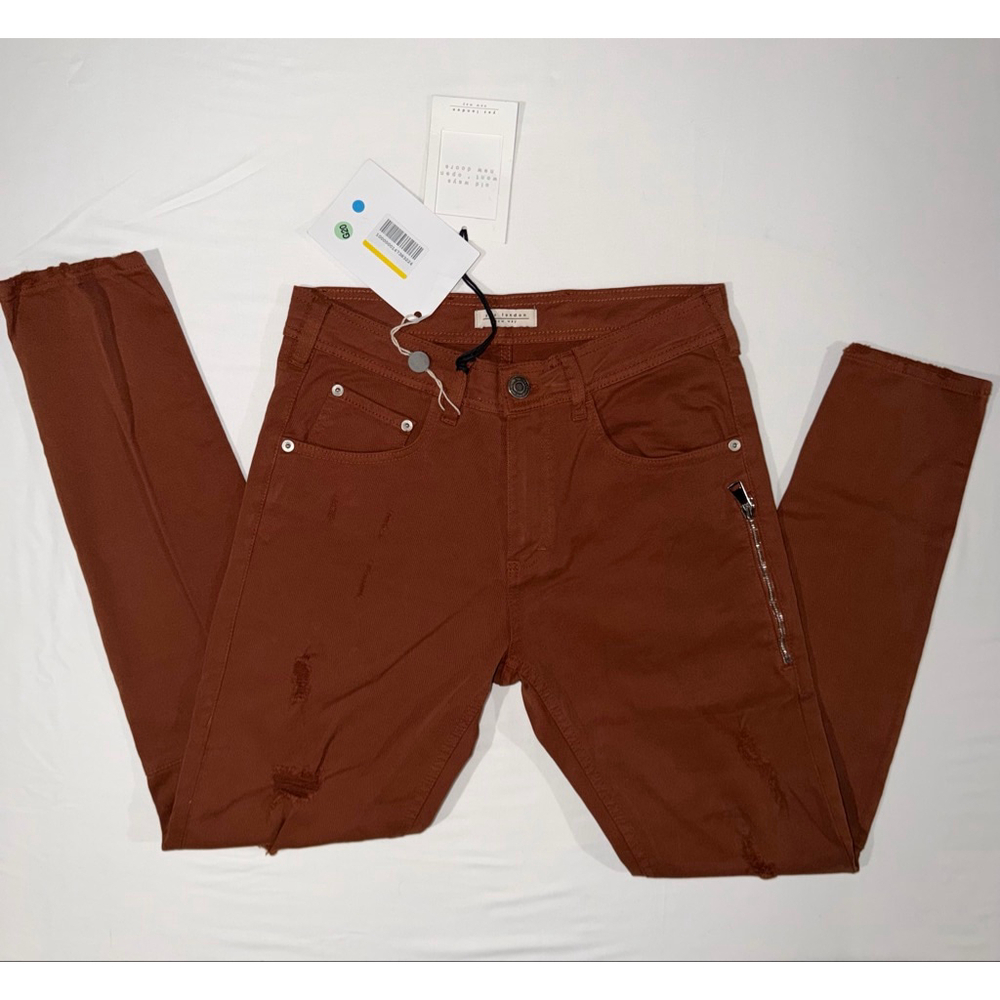 Yes London Italy Made Skinny Pants 31 Mattone Rust Red Distressed Zip Detail